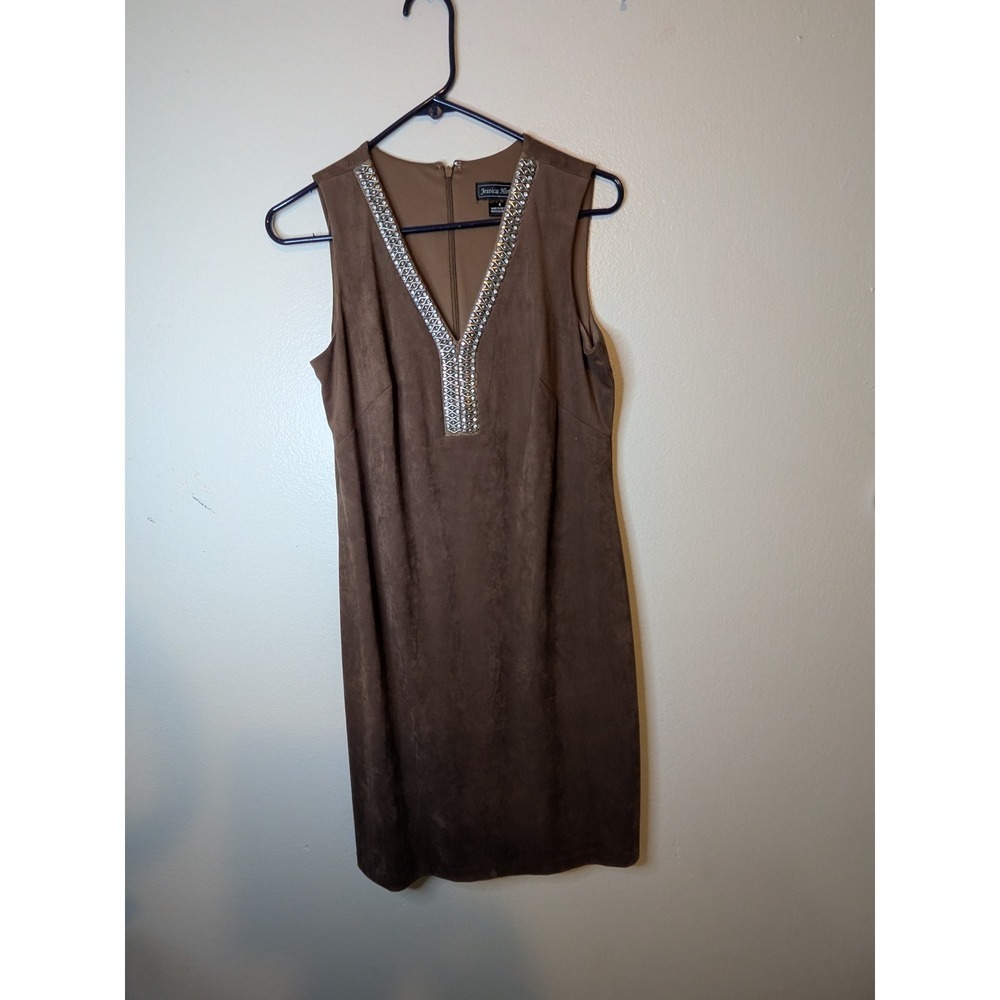 Jessica Howard‎ Brown Suede Embellished V Neck Sleeveless Sheath Dress Size 6